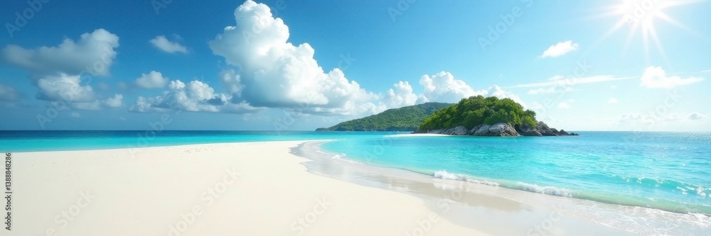 White sand beach, distant green island silhouette, idyllic, serenity White sand beach, distant green island silhouette, idyllic, serenity
