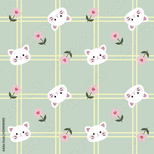 Vector pattern of fabric, wallpaper, gift wrap, mat and bed sheet. Continuous and repeatable. Cute style. Designed with cute cartoon cat , flower and plaid pattern.