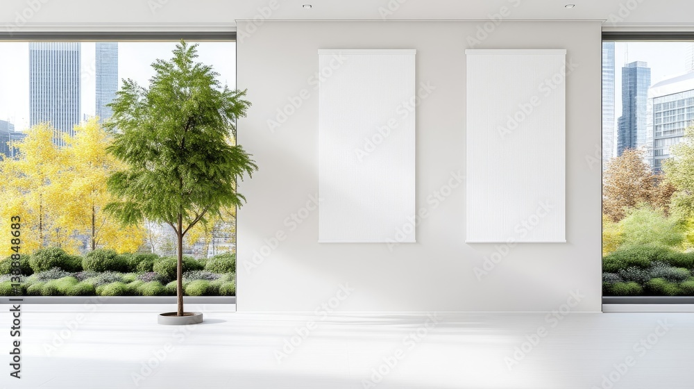 Modern minimalist interior with large windows showcasing a city view and greenery. Empty canvas art pieces on a light gray wall Modern minimalist interior with large windows showcasing a city view and greenery. Empty canvas art pieces on a light gray wall