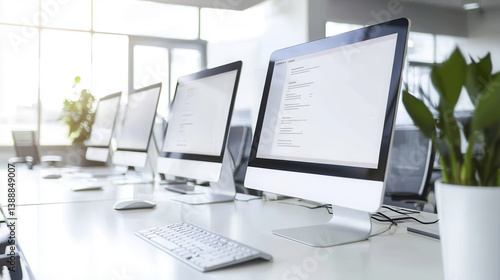 Wallpaper Mural Modern office workspace with computers, keyboards, and plants, creating productive and inviting atmosphere Torontodigital.ca
