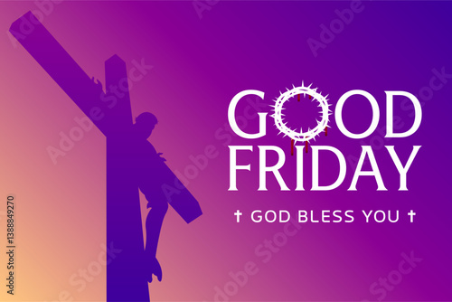 Good Friday crucifixion silhouette on purple gradient background