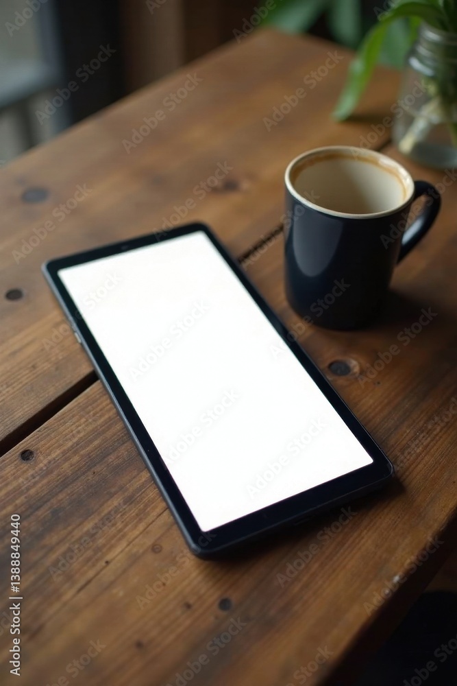 Tablet, phone, coffee mug on rustic wood tabletop, overhead, wood table Tablet, phone, coffee mug on rustic wood tabletop, overhead, wood table