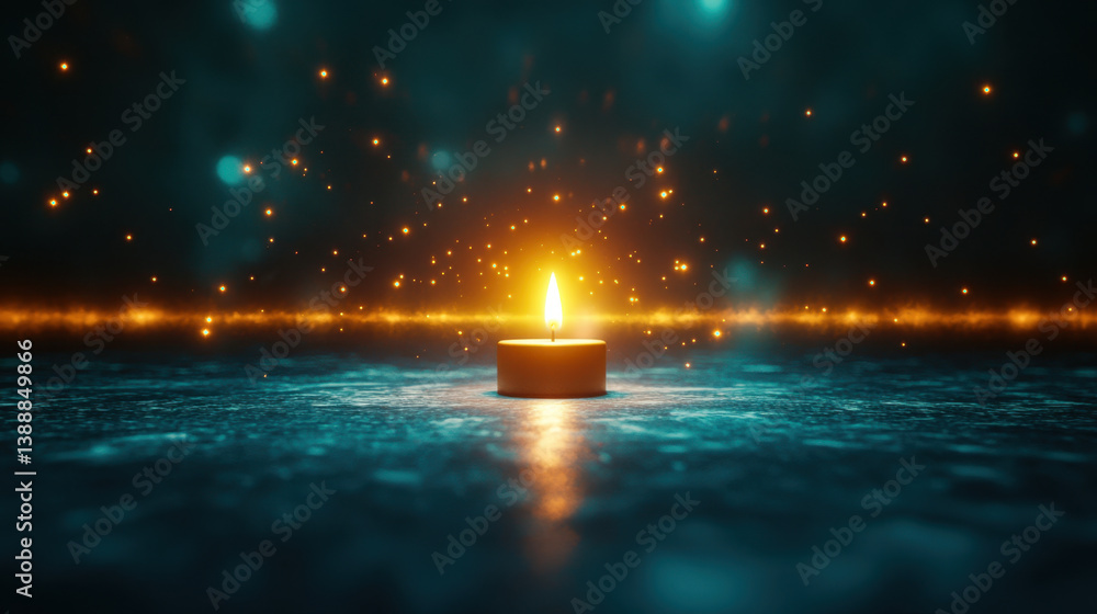 Naklejka premium glowing candle illuminates dark, vast space, creating serene atmosphere filled with sparkling lights. warm flame stands out against cool background, evoking sense of calm and tranquility