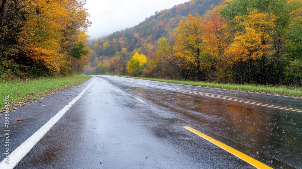 Fototapeta premium A wet highway stretches into the distance, flanked by autumnal trees. The road reflects the overcast sky. The image is high-resolution, showing detail in the foliage and pavement. It exhibits a rea