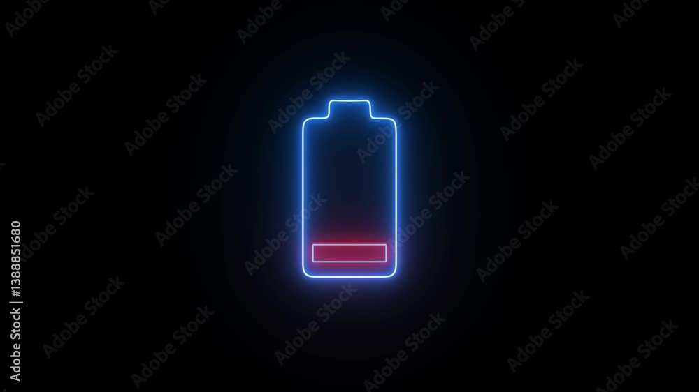 Neon battery fast charging animation. Shiny flash animated battery icon on black background.
