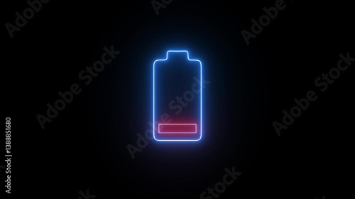 Neon battery fast charging animation. Shiny flash animated battery icon on black background.