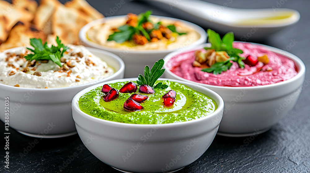 Vibrant Dips Assortment Featuring Hummus and Middle Eastern Spreads in White Bowls on Dark Surface Vibrant Dips Assortment Featuring Hummus and Middle Eastern Spreads in White Bowls on Dark Surface