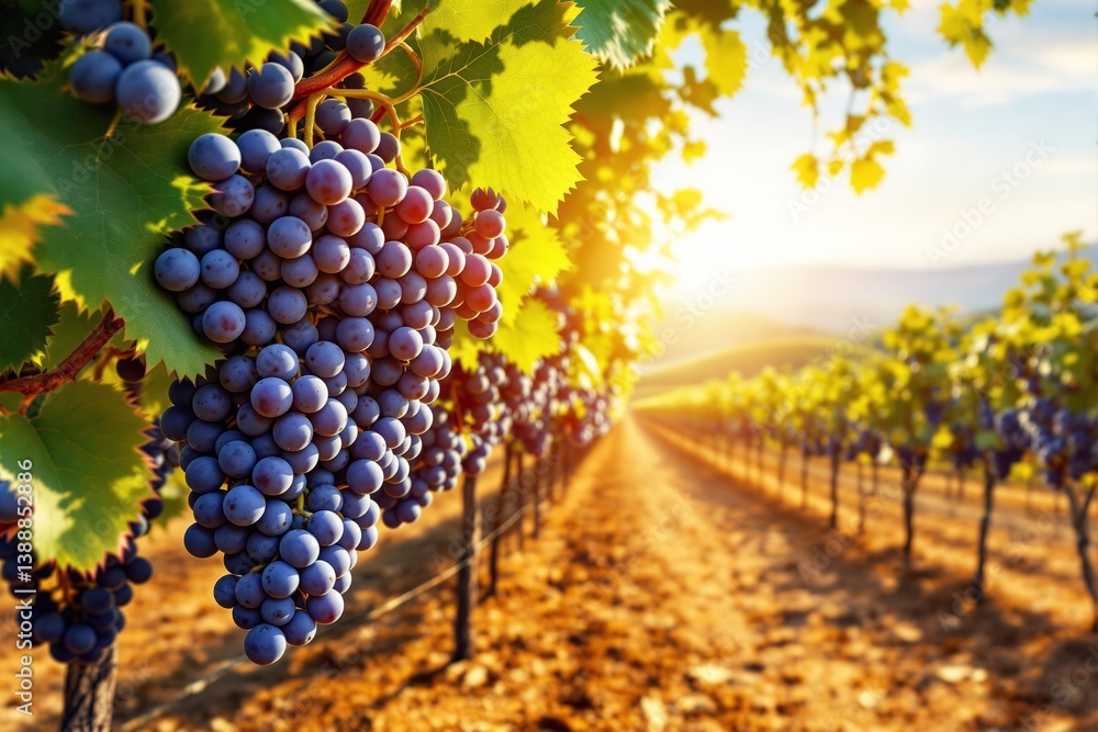 Fototapeta premium Ripe grapes hanging in vineyard with golden sunlight in background.