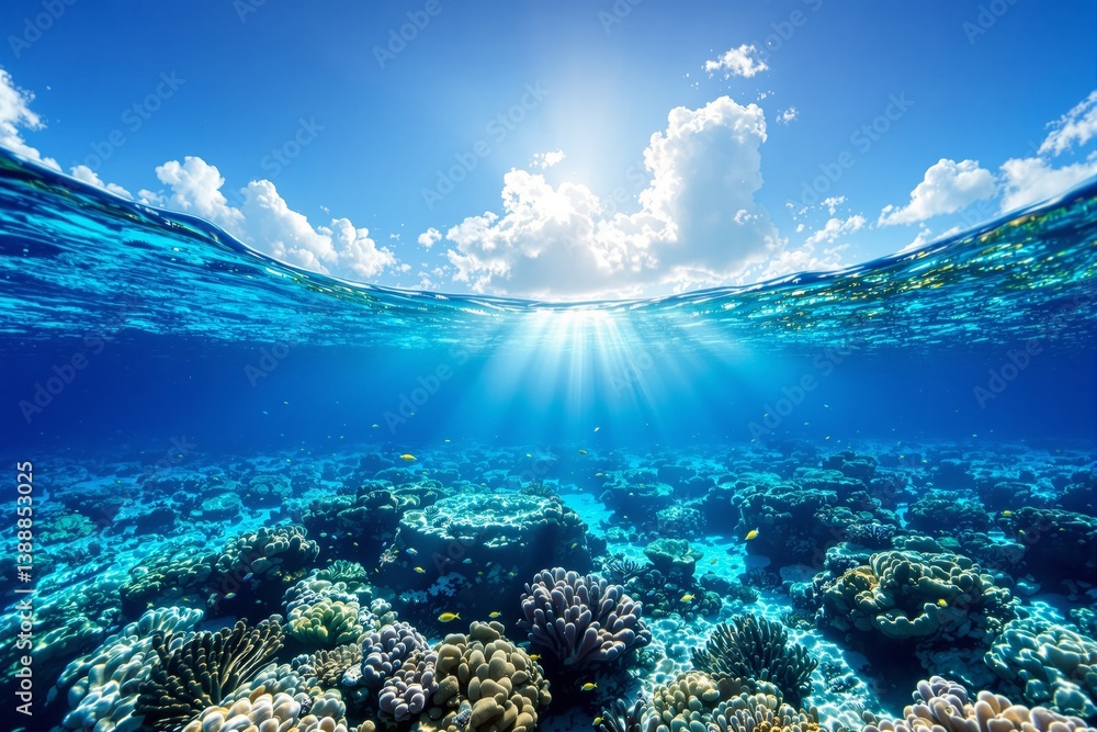 Naklejka premium Stunning underwater coral reef landscape with sunlight filtering through clear ocean water.