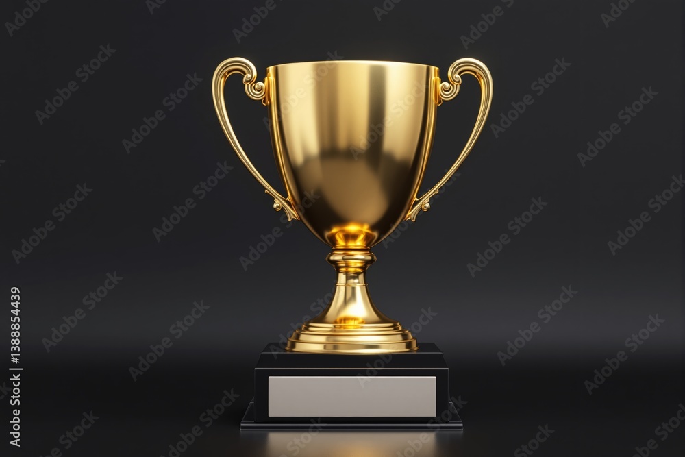 Golden trophy cup with ornate handles on a black base, placed against a dark background. Golden trophy cup with ornate handles on a black base, placed against a dark background.