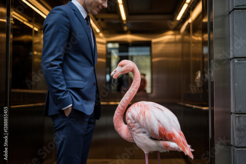 Obraz na płótnie Businessman and a pink flamingo in front of a stylish elevator w salonie