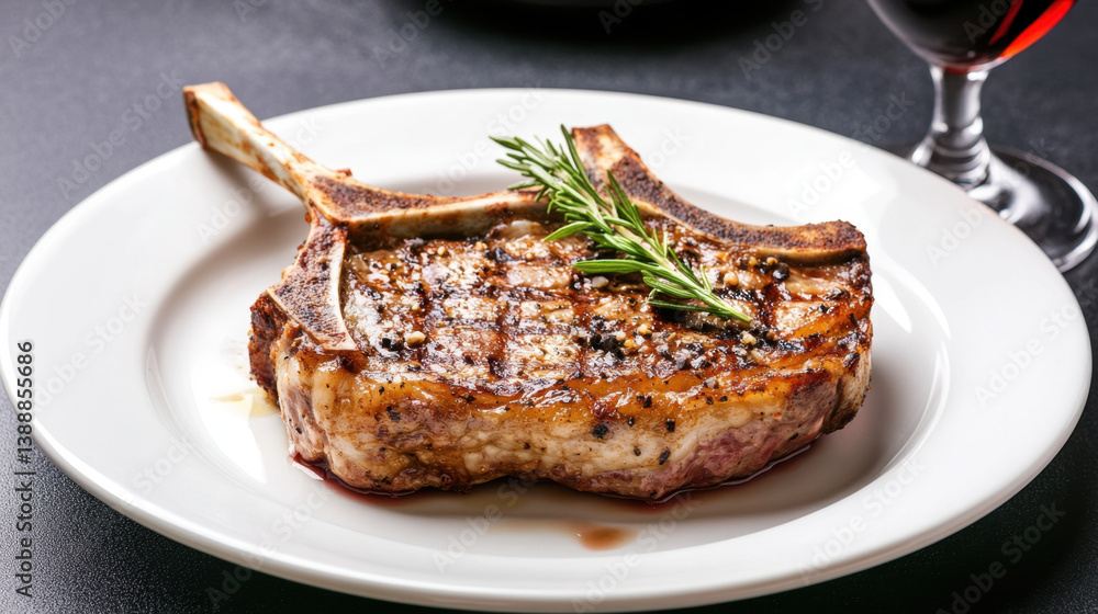 beautifully grilled pork chop served on white plate, garnished with fresh rosemary, exuding mouthwatering aroma. dish is complemented by glass of red wine, creating perfect dining experience beautifully grilled pork chop served on white plate, garnished with fresh rosemary, exuding mouthwatering aroma. dish is complemented by glass of red wine, creating perfect dining experience