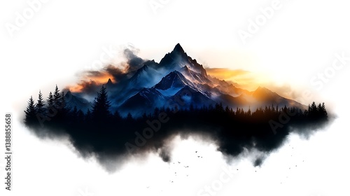 Majestic Mountain Sunrise with Floating Island Fantasy.