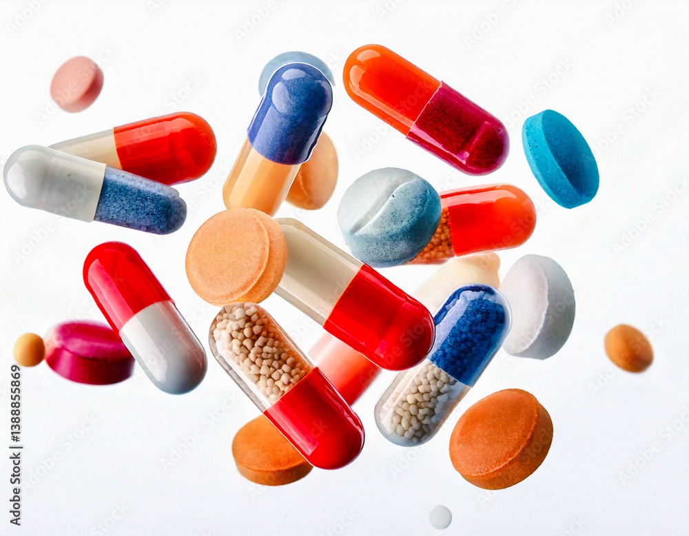Medicine capsules, tablets floating in air, isolated on white background. concept for healthcare and medical, with copy space, Medication, doctors, prescriptions, placebo. Cure for diseases. Medicine capsules, tablets floating in air, isolated on white background. concept for healthcare and medical, with copy space, Medication, doctors, prescriptions, placebo. Cure for diseases.