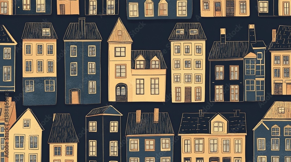 Fototapeta premium Charming Hand-Drawn Houses Pattern in Muted Tones for a Quaint Aesthetic