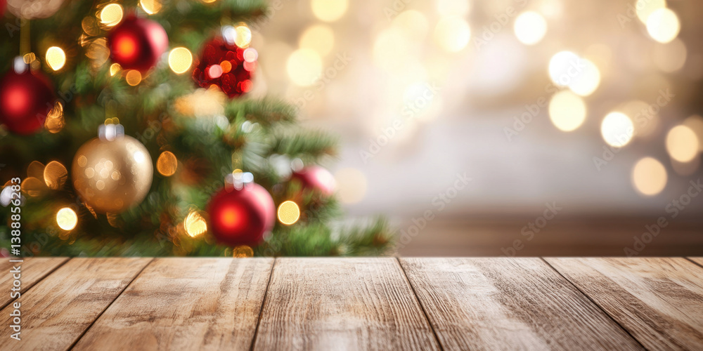 festive scene featuring empty wooden table in front of beautifully decorated Christmas tree, adorned with colorful ornaments and twinkling lights, creating warm and inviting atmosphere festive scene featuring empty wooden table in front of beautifully decorated Christmas tree, adorned with colorful ornaments and twinkling lights, creating warm and inviting atmosphere