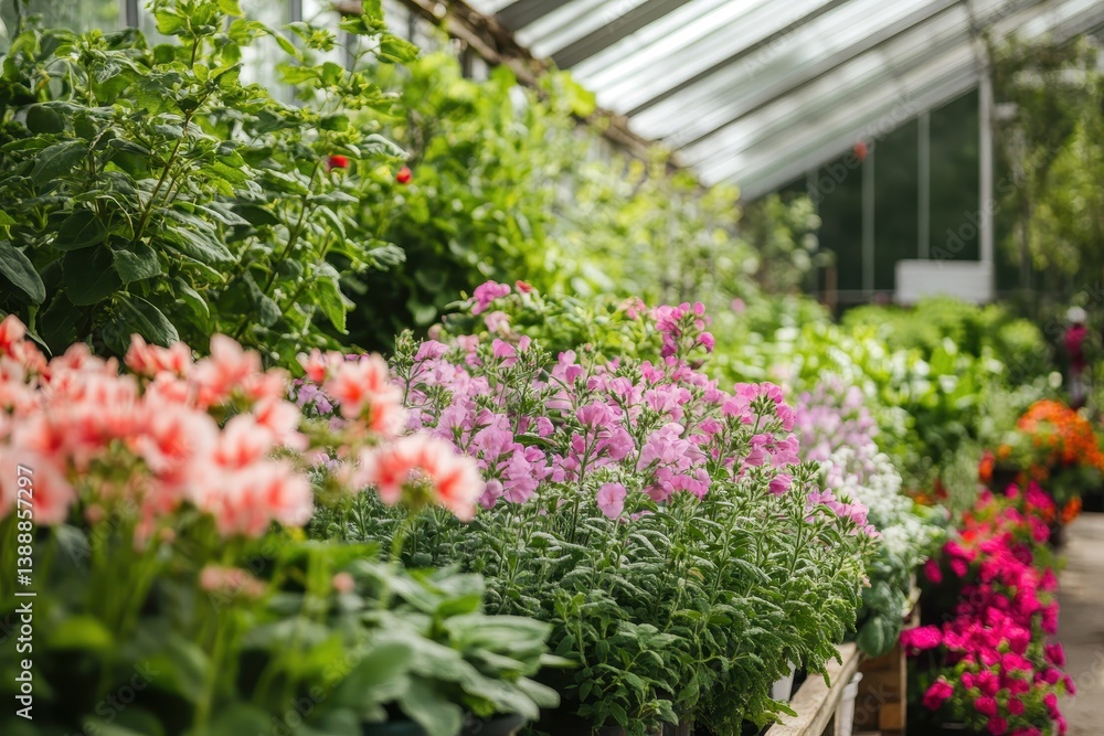 Fototapeta premium Lush Greenhouse Blooms: Vibrant Herbs and Flowers Flourishing in a Botanical Haven