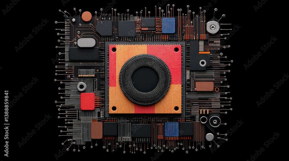 Abstract Circuitry: A conceptual image depicting a camera lens surrounded by abstract circuitry and connectors, representing the technical and technological aspects of photography. Abstract Circuitry: A conceptual image depicting a camera lens surrounded by abstract circuitry and connectors, representing the technical and technological aspects of photography.