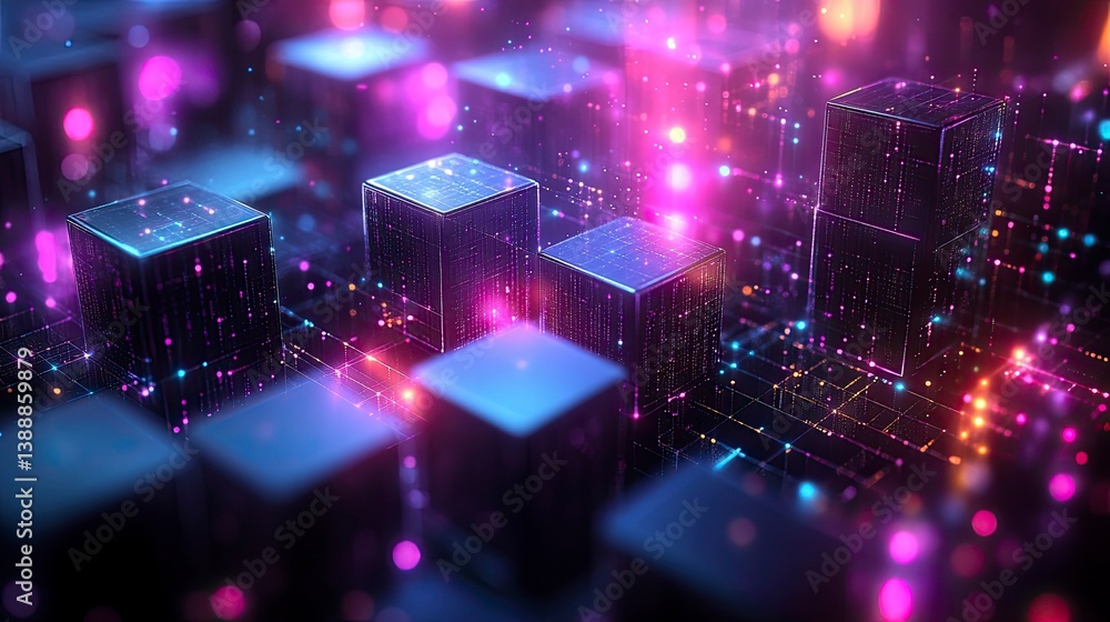 Abstract geometric shapes forming a blockchain pattern with soft purple and cyan gradients against a deep charcoal background Abstract geometric shapes forming a blockchain pattern with soft purple and cyan gradients against a deep charcoal background