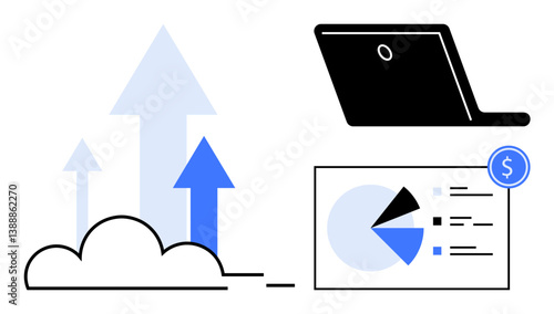 Cloud with upward arrows for growth, laptop for technology, data chart with dollar icon. Ideal for business, technology, finance, growth, innovation investment strategy. Flat simple metaphor