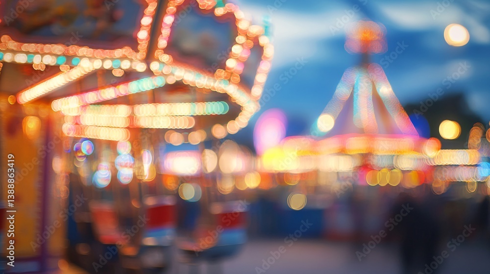 Obraz premium Illuminated carousel, amusement park, night, blurred background, festive atmosphere