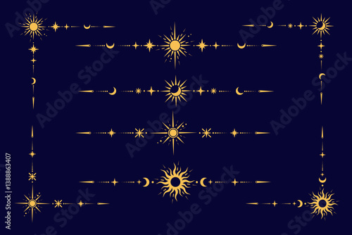 Mystic celestial border with golden moon and stars ornament. Astrologic frame with spiritual elements. Vector dividers and fantasy corners with pattern of esoteric astral decorations.