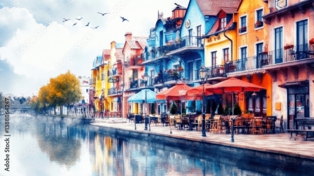 Fototapeta premium Charming European Village by Riverside: Vibrant Buildings, Old World Charm, Sepiatone Aesthetic