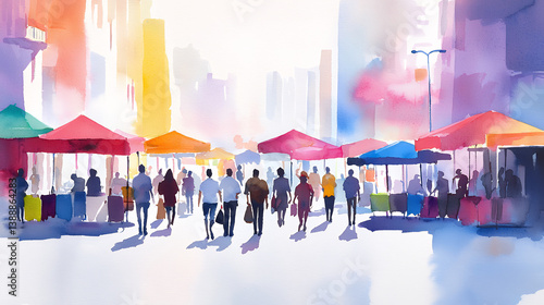 Colorful market scene with vibrant tents, people walking, and bright city backdrop, evoking lively atmosphere