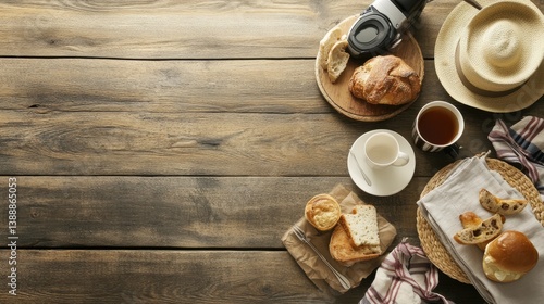 Rustic picnic breakfast spread on wooden planks
