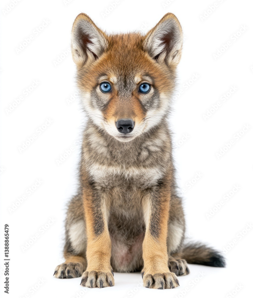 Fototapeta premium Coyote pup sits against a plain background for animal studies or wildlife conservation