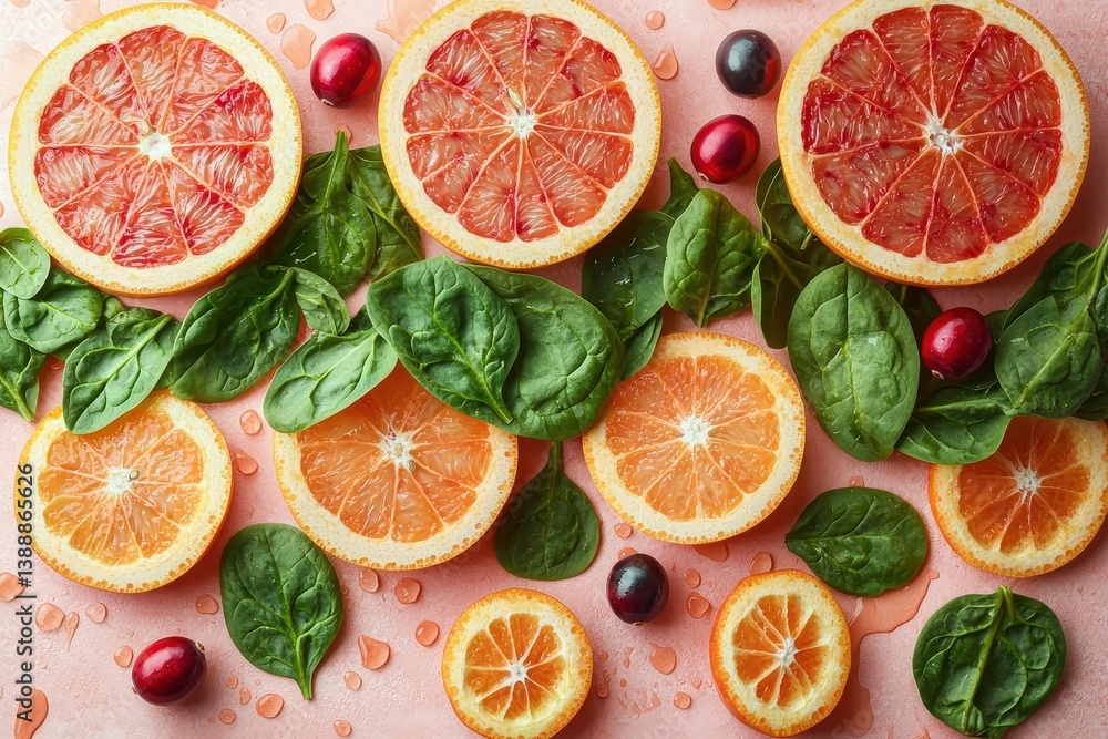Vibrant citrus slices and fresh spinach leaves with cranberries on pink background Vibrant citrus slices and fresh spinach leaves with cranberries on pink background