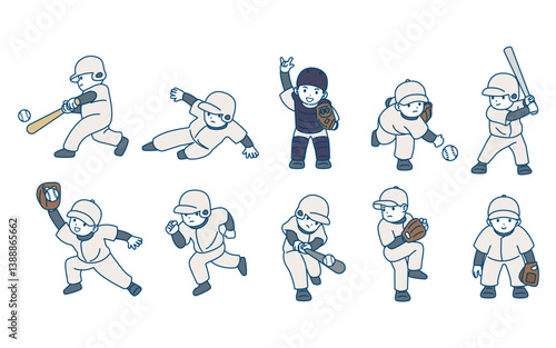 少年野球をする子供達のイラストセット