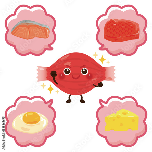 動物性タンパク質を含む食品と筋肉のキャラクター