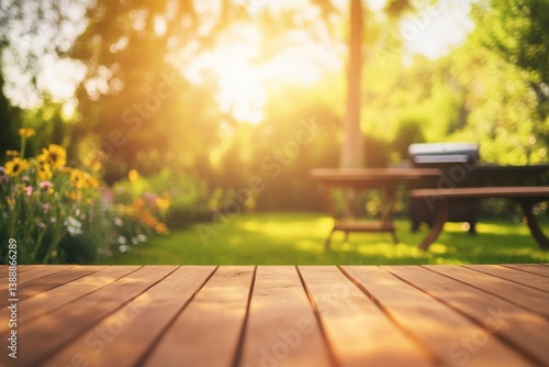 Fototapeta Naklejka Na Ścianę i Meble -  Sunny Summer Garden Background Wooden Table Grill Picnic day lawn warm view green relax happy bloom 