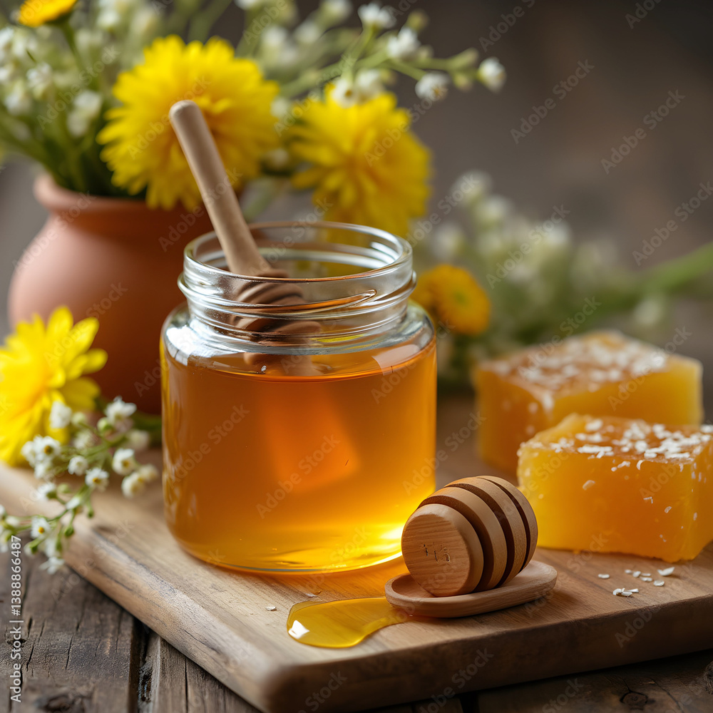 Glass Honey Jar on Rustic Wooden Table with Natural Light Glass Honey Jar on Rustic Wooden Table with Natural Light