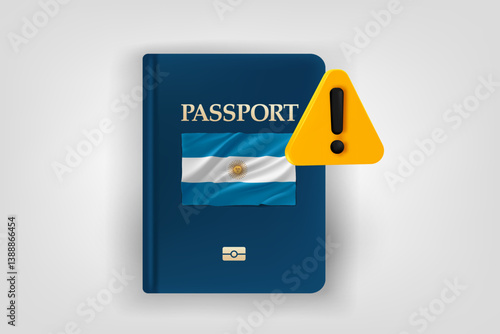 Passport with Argentina flag and exclamaion sign. Low energy concept. Vector 3d illustration