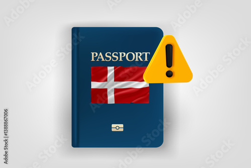 Passport with flag of Denmark and exclamaion sign. Low energy concept. Vector 3d illustration