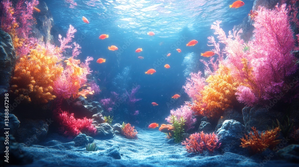 Naklejka premium Digital aquarium with geometric marine life and glowing effects