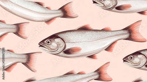 Salmon migration pattern illustrated in detailed artwork on light rose backdrop