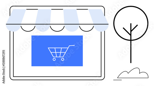 Online shopping cart displayed on storefront screen, tree and bush outline. Ideal for ecommerce, retail, digital business, shopping, technology, marketing design. Flat simple metaphor