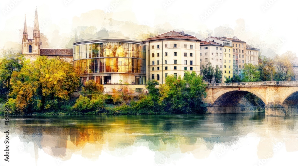 Fototapeta premium Charming European Village by Riverside: Vibrant Reflections, Old World Charm, Sepiatone Aesthetic