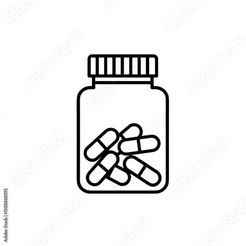 Outline of a pill bottle with capsules inside on a white background  