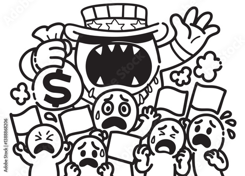 Terrified citizens and aggressive authority in economic cartoon