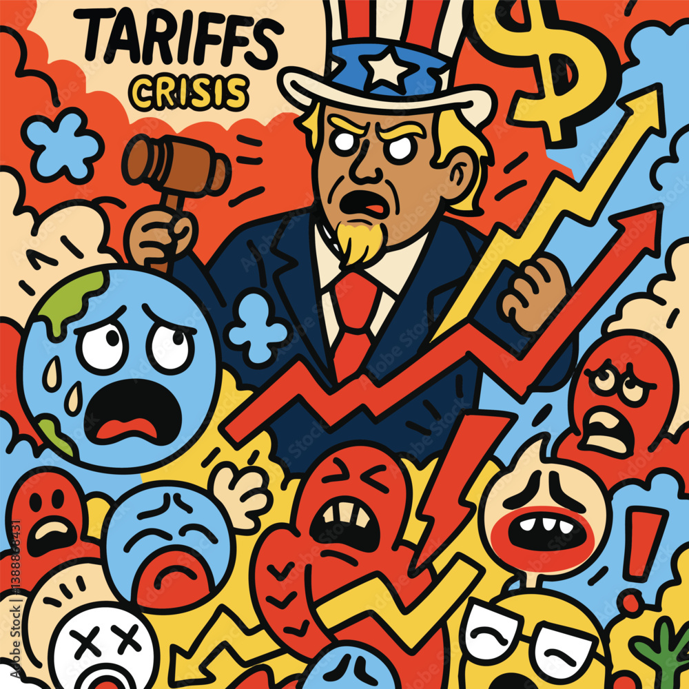 Obraz premium Colorful cartoon of global tariff crisis impact