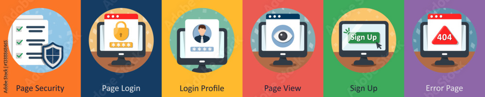 A set of 6 mix icons as page security, page login, login profile A set of 6 mix icons as page security, page login, login profile