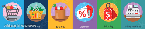 A set of 6 mix icons as grocery, eatables, discount
