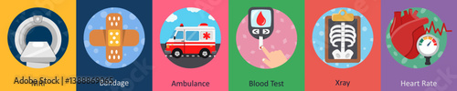 A set of 6 mix icons as mri, bandage, ambulance, blood test