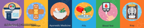 A set of 6 mix icons as pharmacy, bandage, ayurvedic medicine