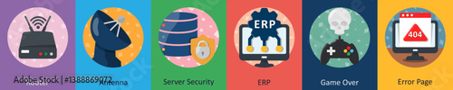 A set of 6 mix icons as router, antenna, server security