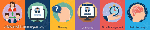 A set of 6 mix icons as third party, login profile, thinking